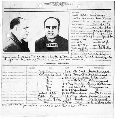 Capone’s arrest record from the Federal Bureau of Investigation. Source: FBI archives