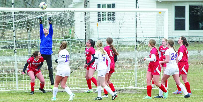 Suttons Bay goalkeeper Keely TwoCrow makes a save against Leland earlier this month. Enterprise photo by Brian Freiberger