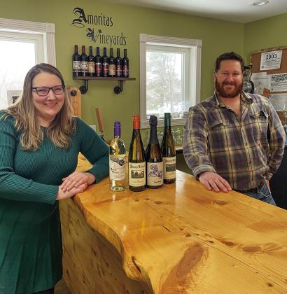 Emily Goodell, Amoritas Vineyards co-owner and head viticulturist is pictured with Matthew Goodell, Amoritas co-owner, at the tasting room in Lake Leelanau. Amoritas Vineyards submitted four wines to the 2024 San Francisco Chronicle Wine Competition, and came away with one Best of Class for its 2020 Pinot Blanc, one Double Gold for its 2022 AV Sparkling wine, and one silver and one bronze medal for its 2021 Riesling and 2021 Fascinator. Enterprise photo by Meakalia Previch-Liu