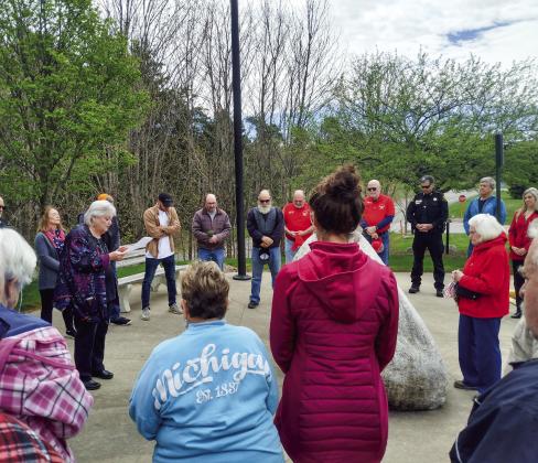 Reverand Lucy Schaub of Leelanau Community Church in Lake Leelanau organized an event observing the National Day of Prayer at the Leelanau County Government Center in Suttons Bay, which was attended by members of several local congregations May 2. Enterprise photo by Zachary Marano