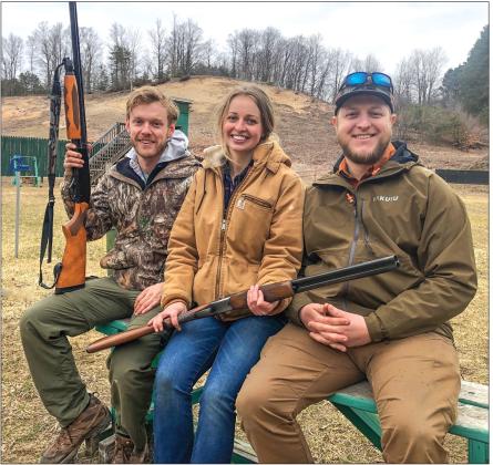 Shotgunners Cole Riley, Dorie Yoder and Kelby Ankerson, from left, enjoyed the initial day of shooting this year at the club. It was the first time Yoder had picked up a shotgun, yet she knocked down two of her first four clay pigeons. Enterprise photo by Alan Campbell